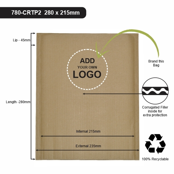 Printed - 280 x 215mm - Corrugated Kraft Brown Padded Mailer with Peal & Seal Closure [100% Recyclable]