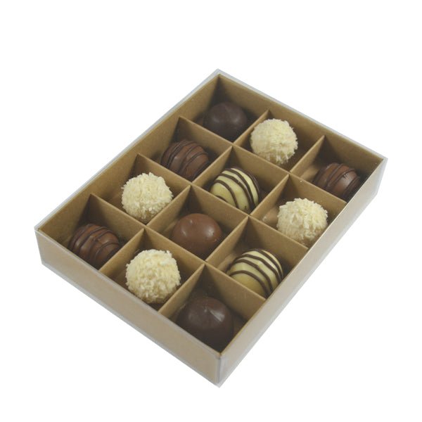 12 Pack Chocolate Box with Clear Lid - Paperboard (285gsm) (Base, Insert & Clear Lid) - PackQueen