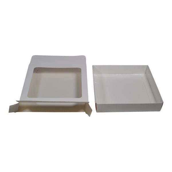 155mm Square Two Piece Cookie and Dessert Box with Clear Window and Slide in Tray - Gloss White - PackQueen