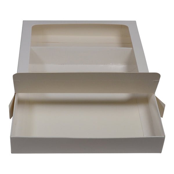 180mm Square Two Piece Cookie and Dessert Box One Piece Box with Clear Window and Slide in Tray Gloss White - PackQueen