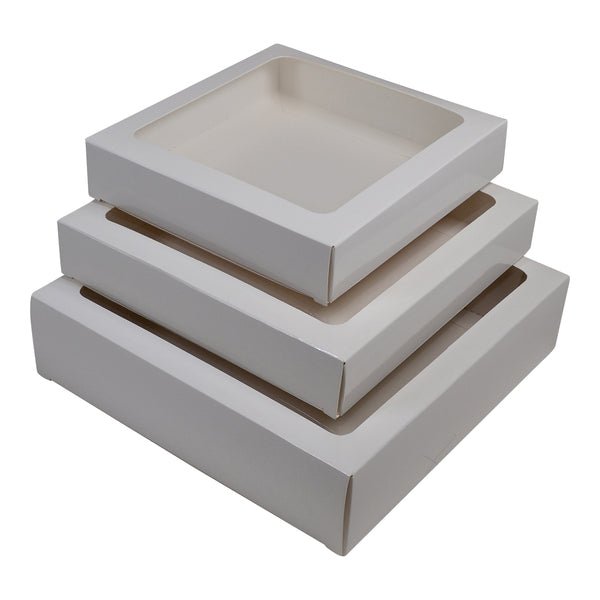 180mm Square Two Piece Cookie and Dessert Box One Piece Box with Clear Window and Slide in Tray Gloss White - PackQueen