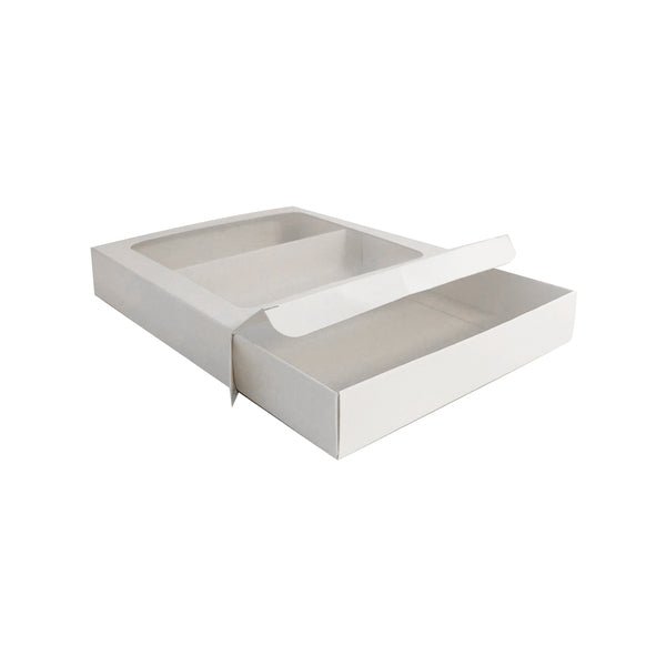 205 Square Two Piece Cookie and Dessert Box with Clear Window and Slide in Tray Gloss White - PackQueen