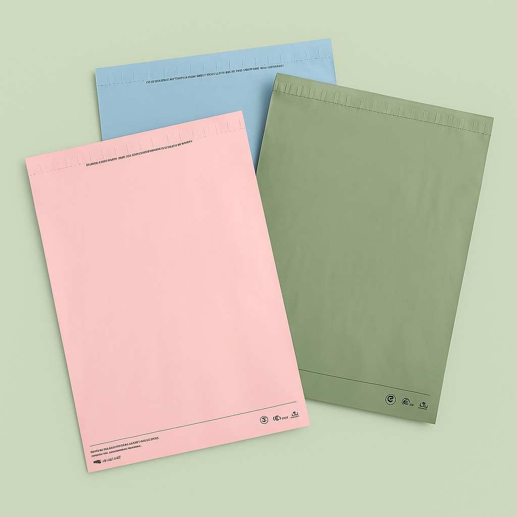 80% Recycled Plastic Courier Mailing Bags - 4 Sizes Pink, Blue & Green