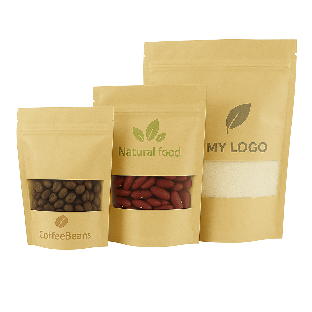 Kraft Brown Stand Up Pouch with Zipper with Rectangular Window (100 Pack) - PackQueen