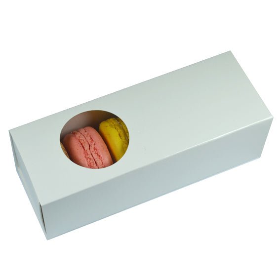 Long Macaron Box with round clear plastic window slide over - Paperboard (285gsm) - PackQueen