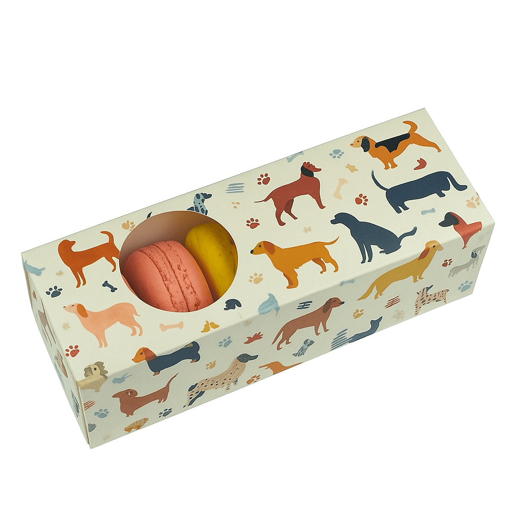 Long Macaron Box with round clear plastic window slide over - Paperboard (285gsm) - PackQueen