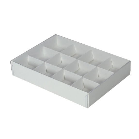 SAMPLE - 12 Pack Chocolate/Rectangle 12 Gift Box with Clear Lid - Smooth White Paperboard (Optional Lid) - PackQueen