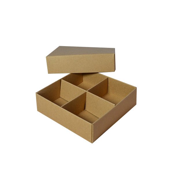 SAMPLE - Square 4 Macaroon & Choc Box - Kraft Brown Paperboard (285gsm) (Base, Lid & Removable Insert) - PackQueen