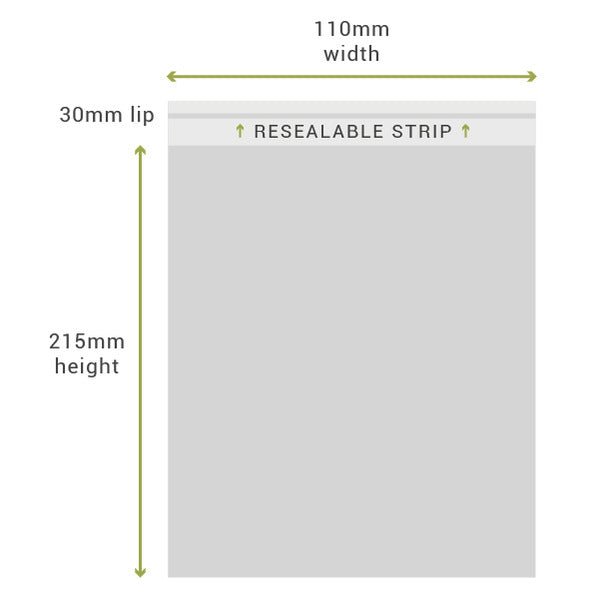 110mm x 215mm + 30mm Lip Clear Resealable Bags (100PK) - PackQueen