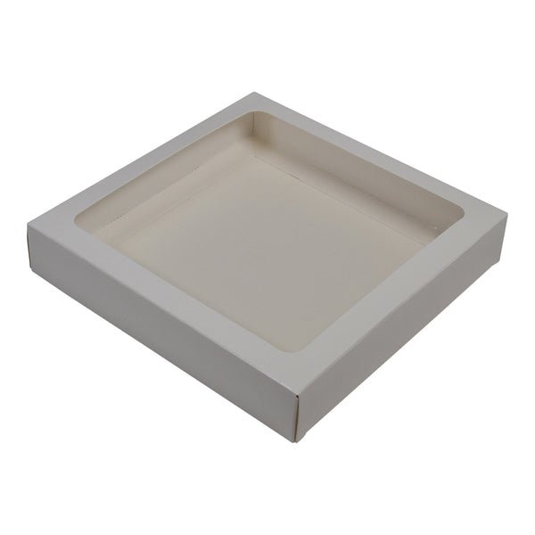 180mm Square Two Piece Cookie and Dessert Box One Piece Box with Clear Window and Slide in Tray Gloss White - PackQueen