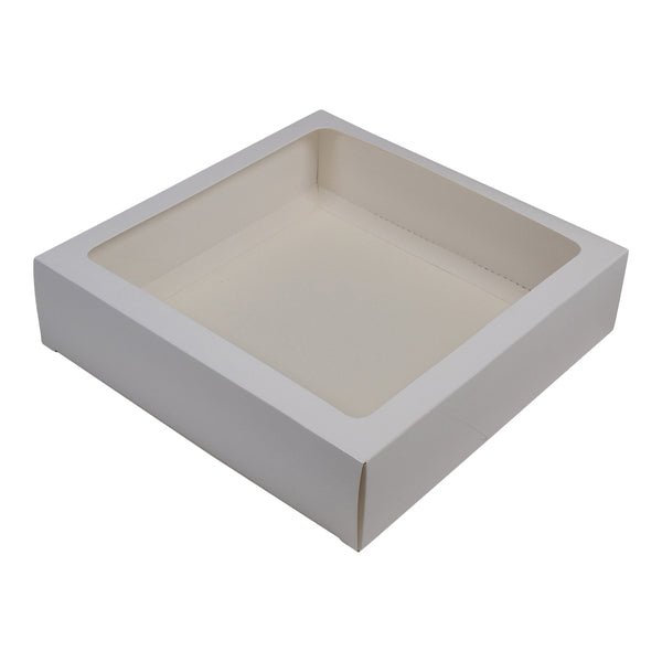 205 Square Two Piece Cookie and Dessert Box with Clear Window and Slide in Tray Gloss White - PackQueen