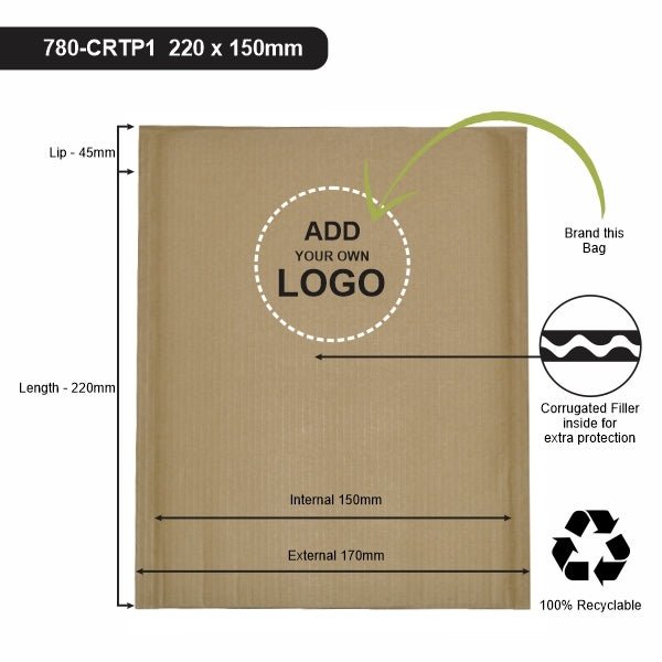 220 x 150mm - Kraft Brown Corrugated Padded Mailer with Peal & Seal Closure [100% Recyclable] - PackQueen