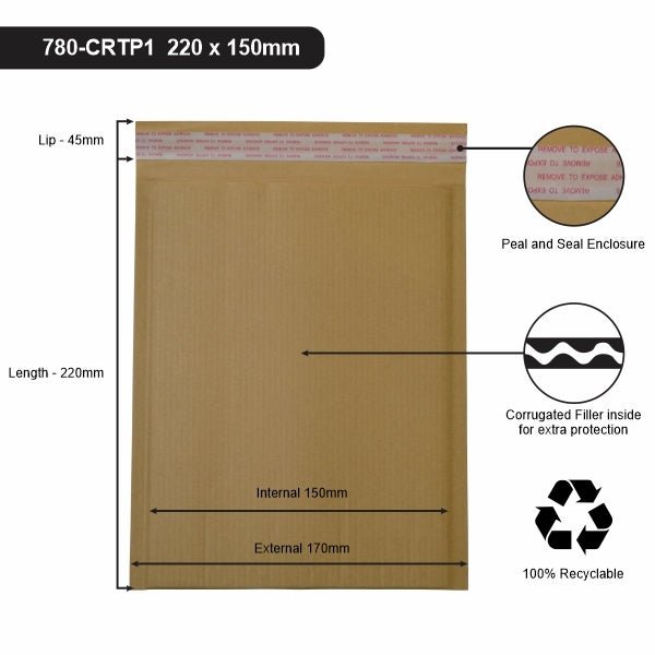 220 x 150mm - Kraft Brown Corrugated Padded Mailer with Peal & Seal Closure [100% Recyclable] - PackQueen