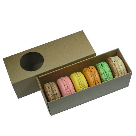 Long Macaron Box with round clear plastic window slide over - Paperboard (285gsm) - PackQueen