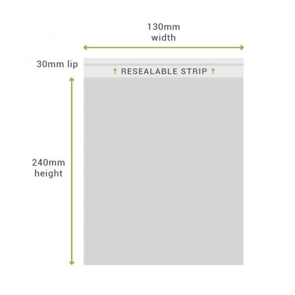 SAMPLE - 130mm x 240mm + 30mm Lip Clear Resealable Bags - PackQueen