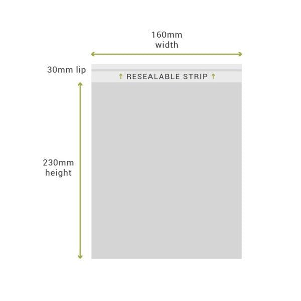 SAMPLE - 160mm x 230mm + 30mm Lip Clear Resealable Bags - PackQueen