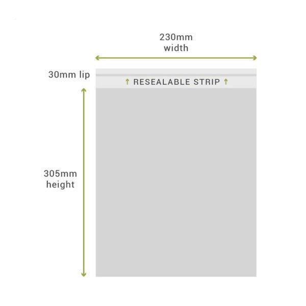 SAMPLE - 230mm x 305mm + 30mm Lip Clear Resealable Bags - PackQueen