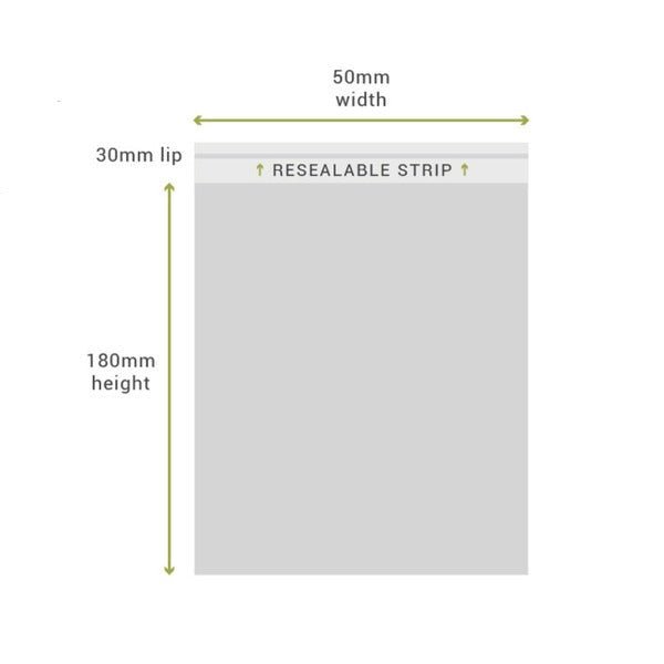 SAMPLE - 50mm x 180mm + 30mm Lip Clear Resealable Bags - PackQueen
