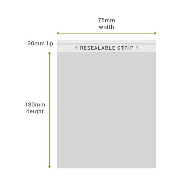 SAMPLE - 75mm x 180mm + 30mm Lip Clear Resealable Bags - PackQueen