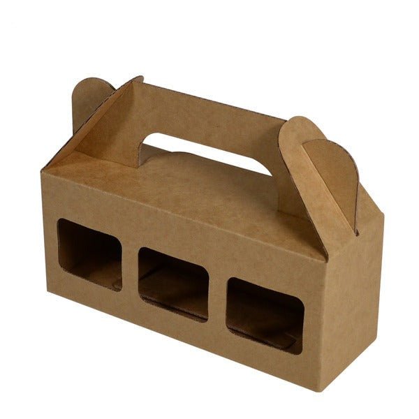 SAMPLE - E Flute - Three Window Gift Box 23369 with Carry Handle - Kraft Brown - PackQueen
