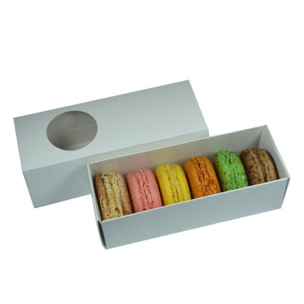 SAMPLE - Long Macaron Box with round clear plastic window slide over - Gloss White Paperboard (285gsm) - PackQueen