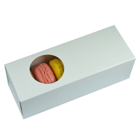 SAMPLE - Long Macaron Box with round clear plastic window slide over - Gloss White Paperboard (285gsm) - PackQueen