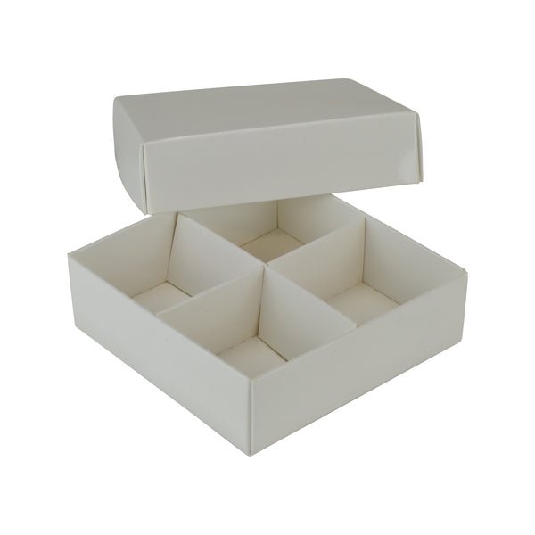 Square 4 Macaroon & Choc Box - Smooth White Paperboard (285gsm) (Base, Lid & Removable Insert) - PackQueen