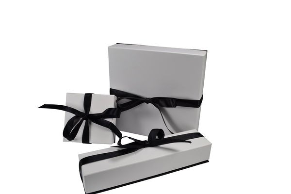 Square Rigid Cardboard Black & White Jewellery Box with Bow (with removable black/white reversible velvet foam insert) - PackQueen