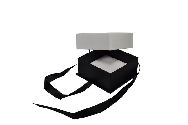 Square Rigid Cardboard Black & White Jewellery Box with Bow (with removable black/white reversible velvet foam insert) - PackQueen